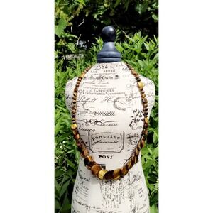 Natural Tigers Eye Beaded Statement Necklace Brown Gold Gemstone Toggle Clasp